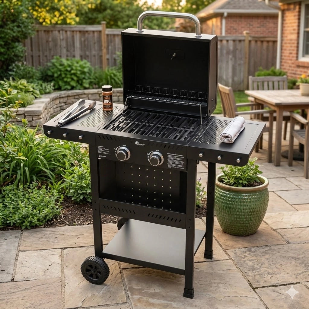 BARBECUE A GAS CARRELLATO 'KASAGRILL' mod. 2 fuochi - kW 2.5 x 2 - cm 102,2 x 102 x 55  - KASART