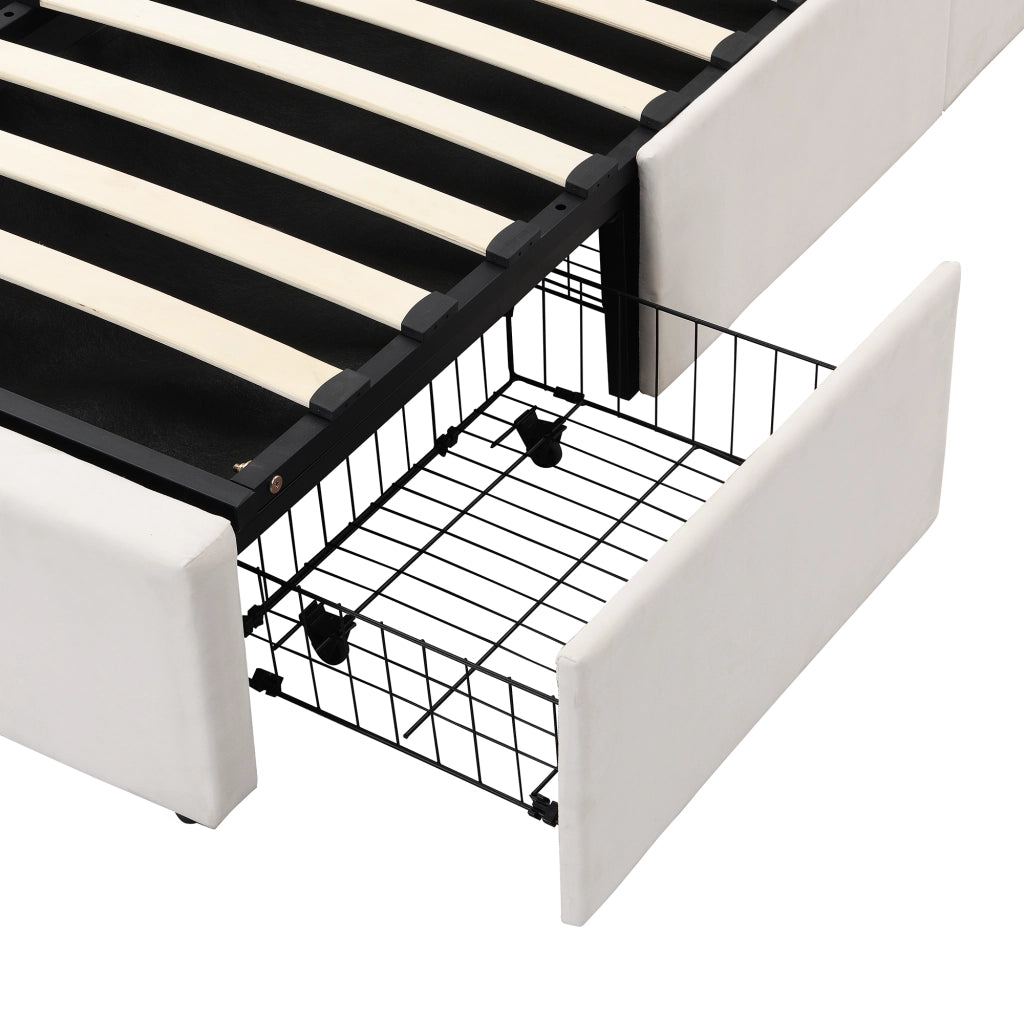 Letti contenitori 140x190 cm; contenitore idraulico e 3 cassetti; velluto; beige (Senza materasso)