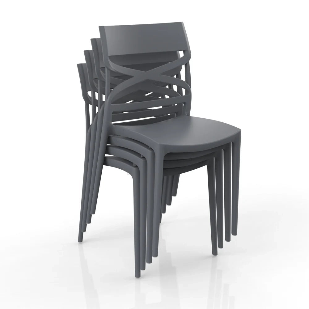 Set 4 sedie in polipropilene FLOW, 100% MADE IN ITALY, impilabile, resistente ai raggi UV, design moderno, ideale per sala da pranzo, cucina, bar, ristoranti o giardino, colore Grigio Metal