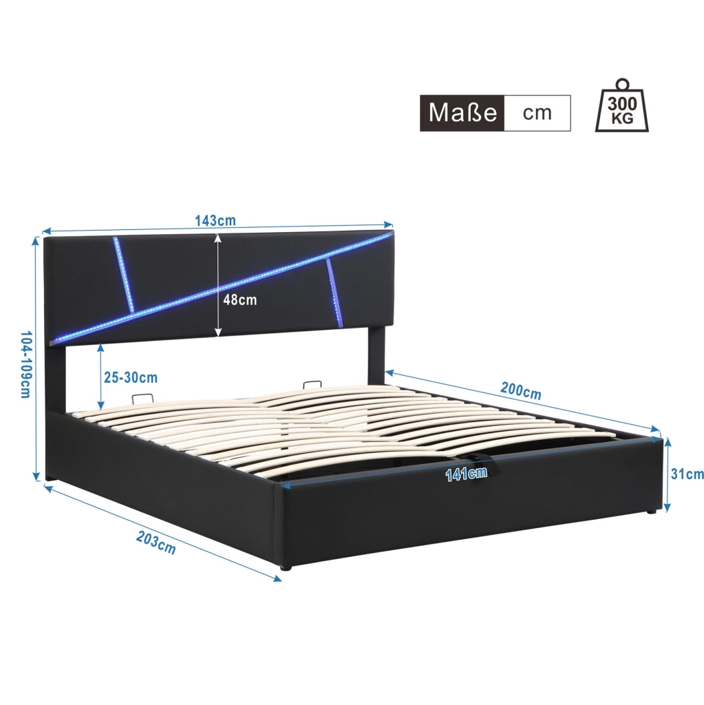Letto matrimoniale imbottito con LED e contenitore 140x200 cm; in PU nero