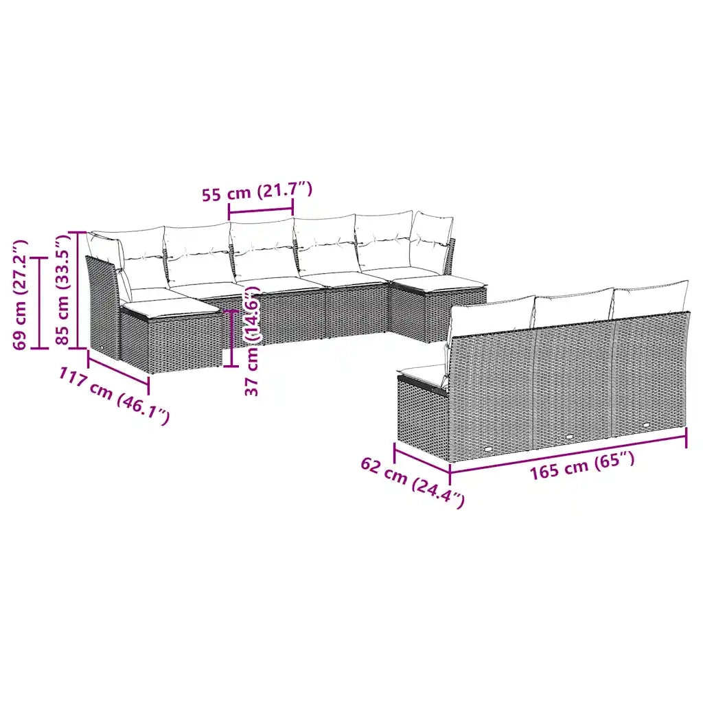 Set Divani da Giardino 10pz con Cuscini in Polyrattan Marrone