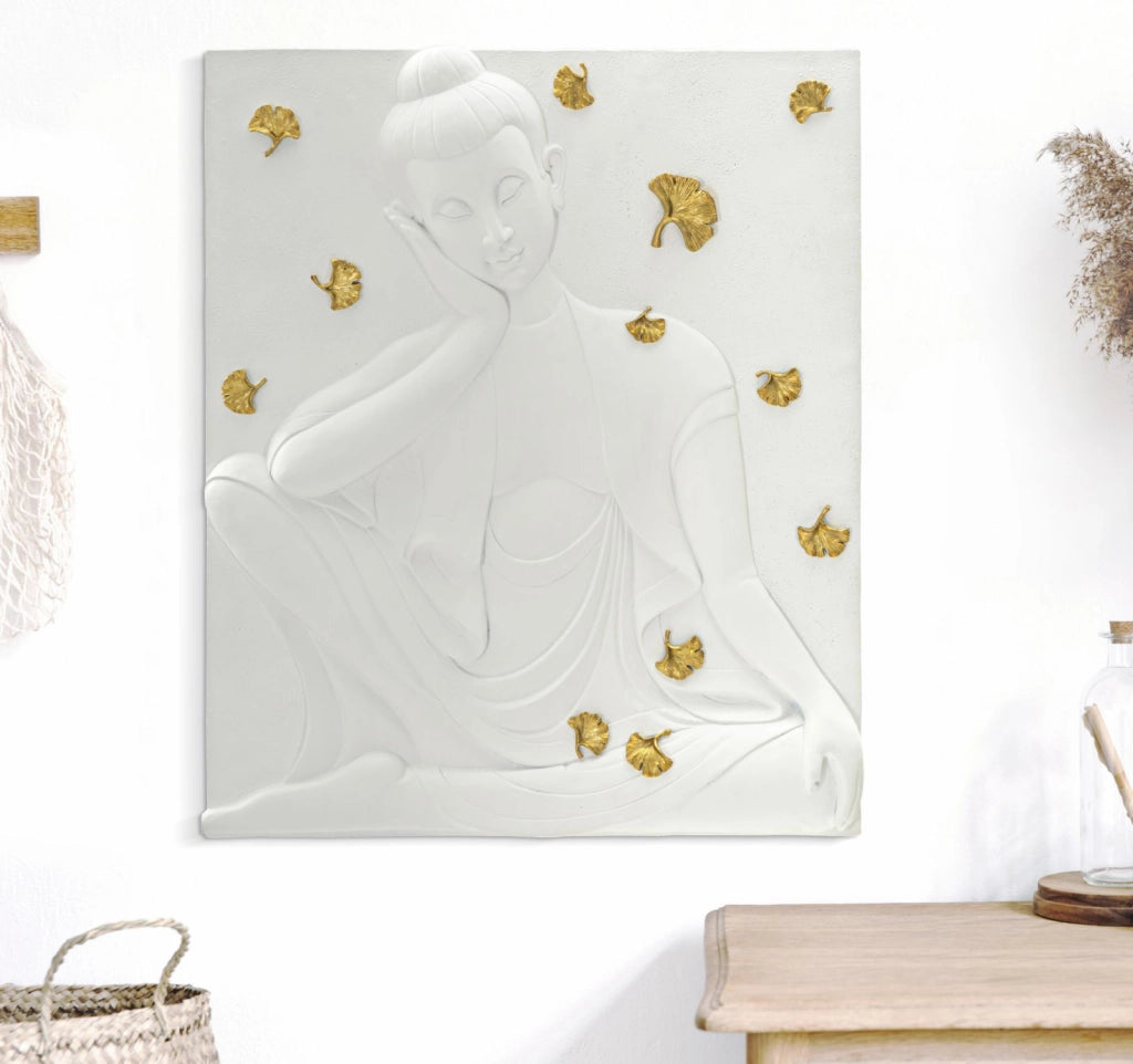 Pannello Buddha 46x5,7x55,5 cm in Resina Bianco e Oro