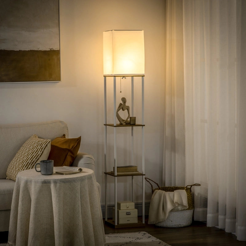 Lampada da terra, con luce indiretta, con ripiani, struttura in metallo, paralume in tessuto, 26x26x159 cm, bianco/marrone
