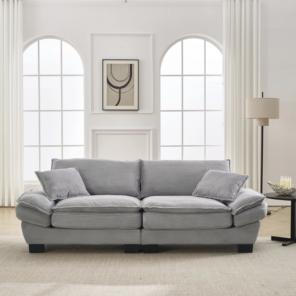 Divano Lineare 2 Posti con Cuscini; Seduta Ultra Profonda; Comfort Morbido; Struttura in Legno; in Velluto Grigio Chiaro