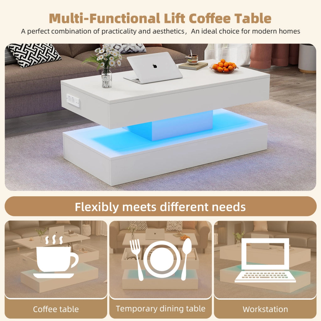 Tavolino da caffè alzabile con vano nascosto e LED - per soggiorno - 100×50×42 cm - bianco