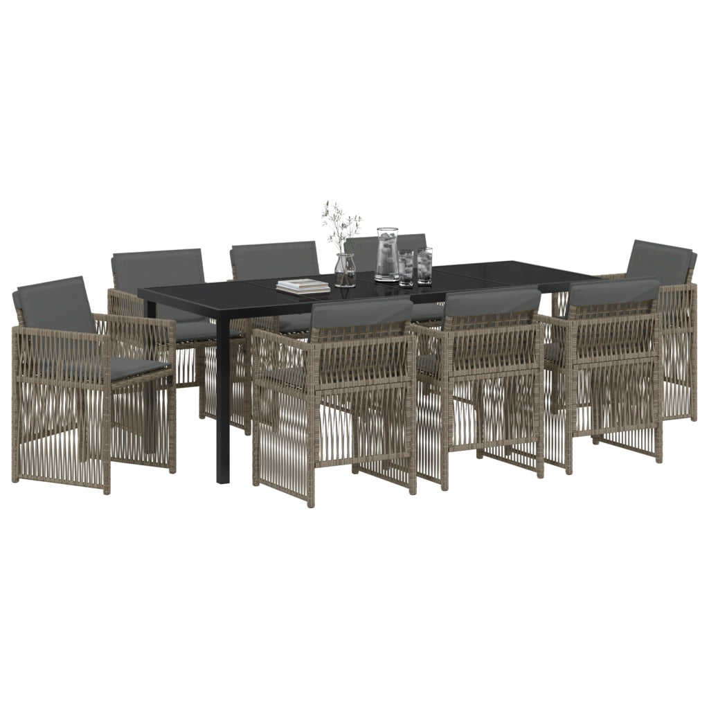 Set da Pranzo da Giardino da 9 Pezzi con Cuscini Grigio Rattan Poliestere