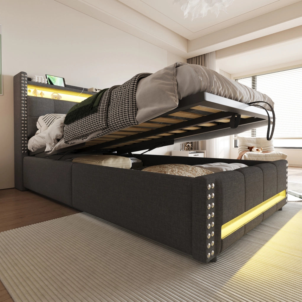 Letto singolo imbottito 90x200 grigio con LED, USB e vano contenitore