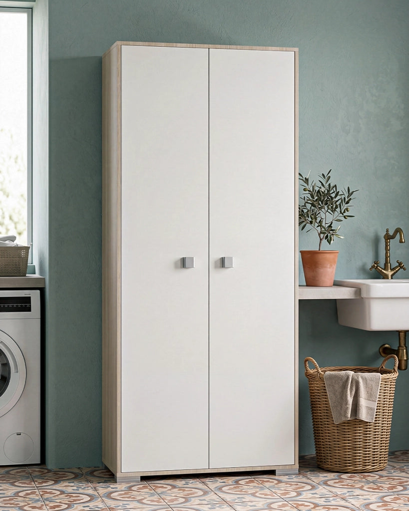 Armadio multiuso Sonia 2 ante - Mobile portascopa salvaspazio - 6 ripiani interni e un vano portascope - Colore ante Bianco e struttura Olmo - 75x180x35 cm_