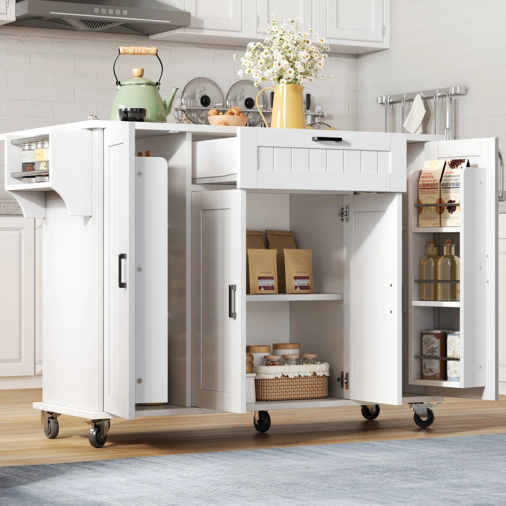 Isola cucina con piano ribaltabile - Zephmum - 120¡Á45(70)¡Á95 - Bianco - Carrello, 4 ante, cassetto, porta spezie