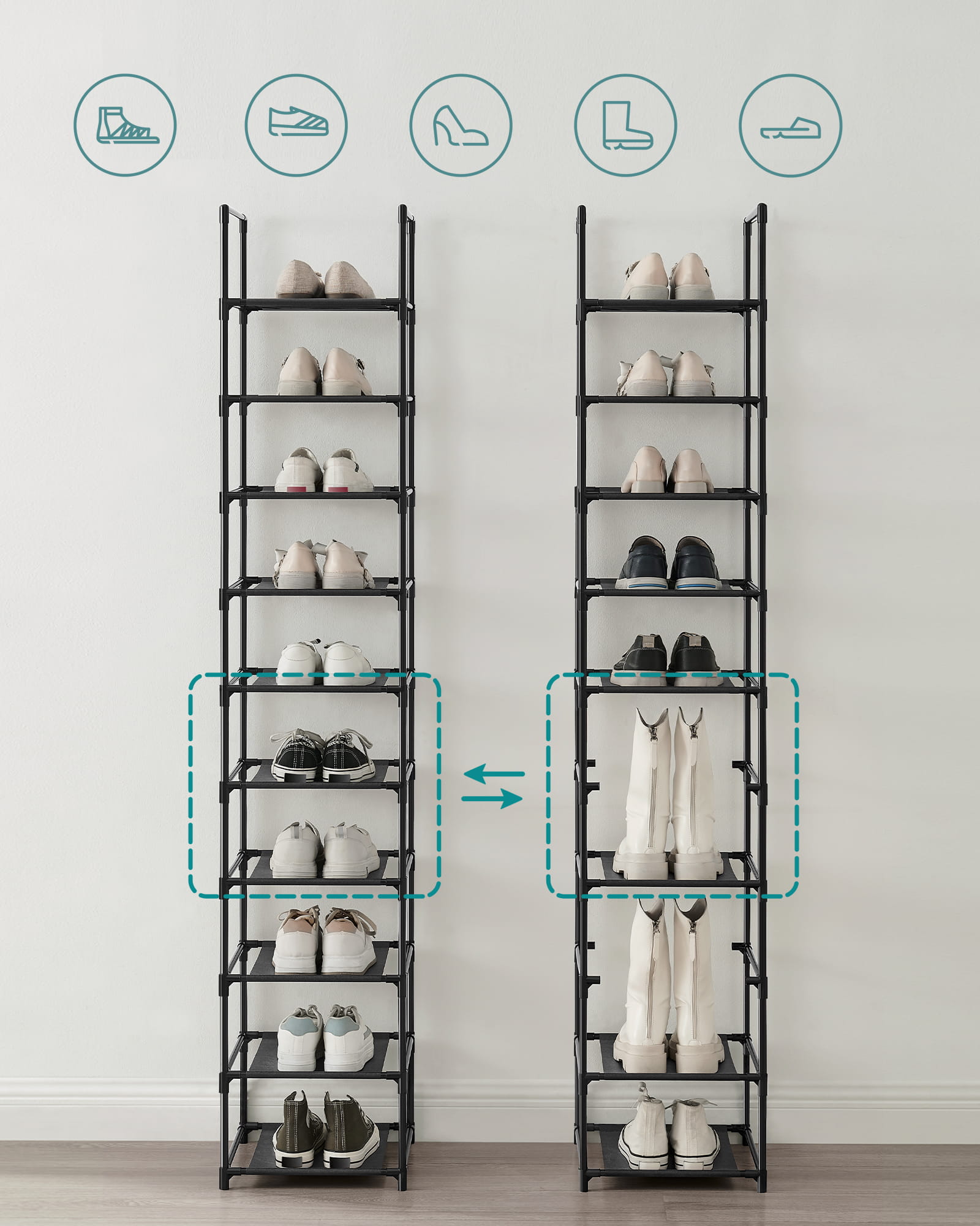 Scarpiera Valora Black Loft Style con 10 ripiani per corridoi e hall