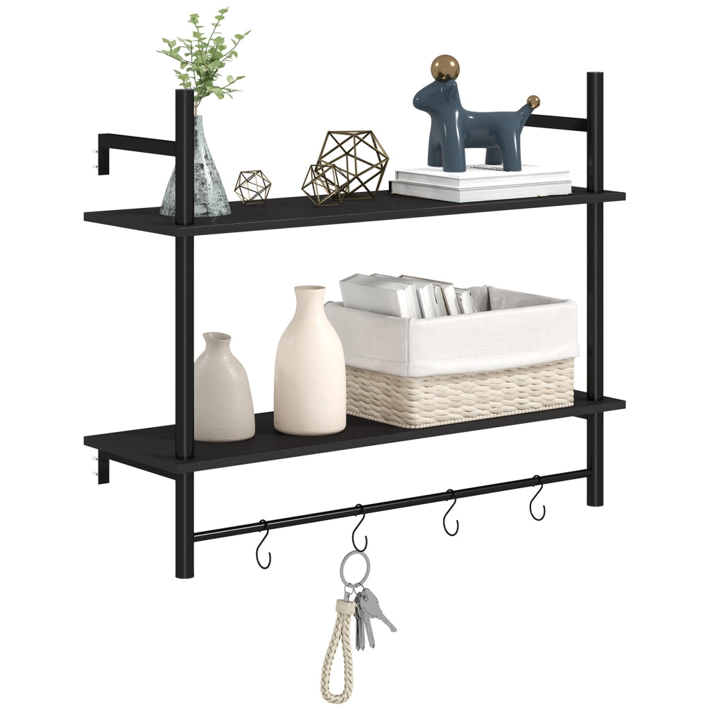 Scaffale a Parete 2 Livelli con Ganchi ¨C Zephmum ¨C 80x24x65 cm Nero
