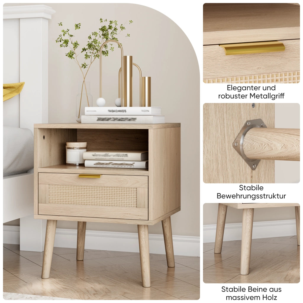 Comodino in rattan con 1 cassetto e 1 vano aperto, maniglia dorata, stile boho, per camera da letto, 45 × 40 × 55 cm