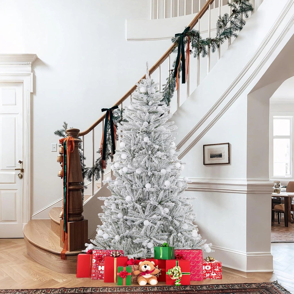 Albero di Natale Innevato 180/210cm, Albero di Natale Artificiale Pre-illuminato con 250/350 Luci LED Bianche Calde, 51/65 Sfere Luminose 637/1273 Rami, Telecomando e Timer (180 cm)