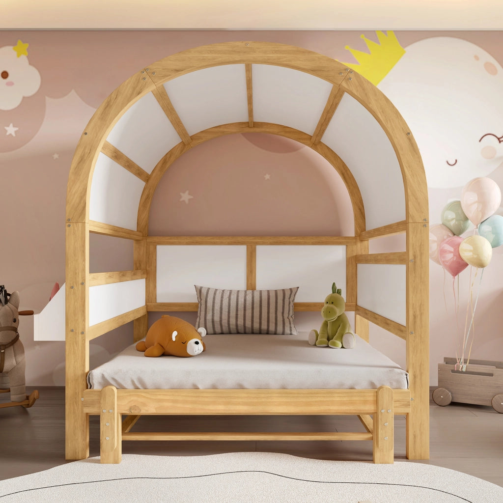 Letto a casetta 140 × 200 cm con letto estraibile e ripiano laterale in legno e MDF bianco naturale