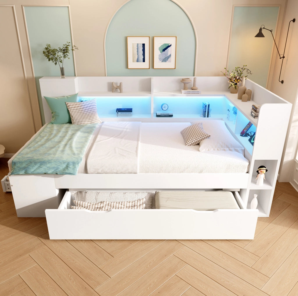 Letto singolo 90x200 cm con LED, USB e materasso in MDF bianco