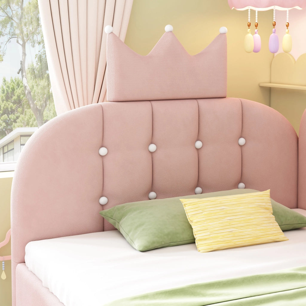 Letto per bambini 90x200 cm, divano letto, contenitore idraulico, testiera a corona, rivestimento in velluto, rosa