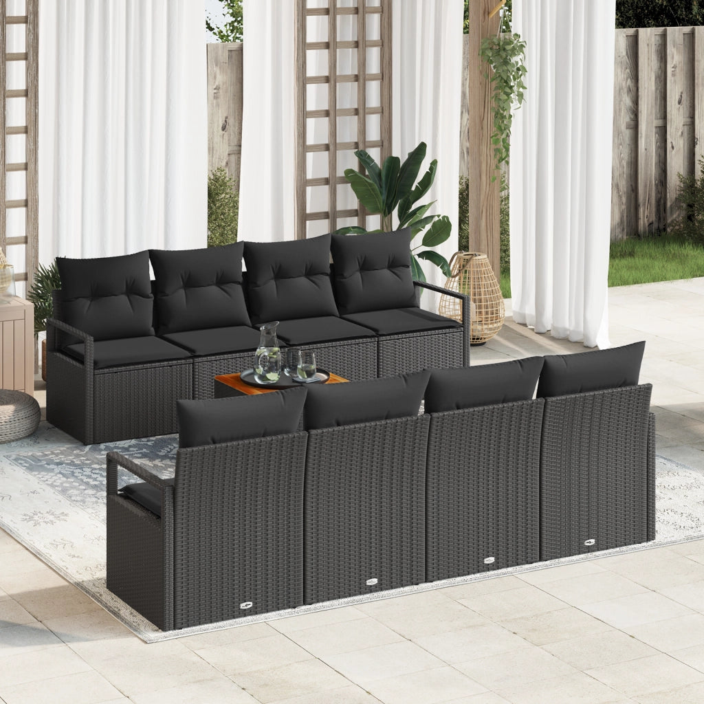 Set di Divani da Giardino con Cuscini Neri in Polyrattan Acacia