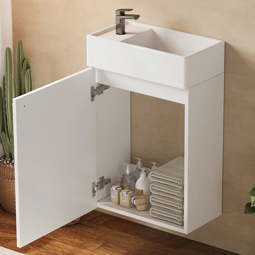 Mobile lavabo sospeso bianco in MDF e ceramica 41x23x62,5 cm
