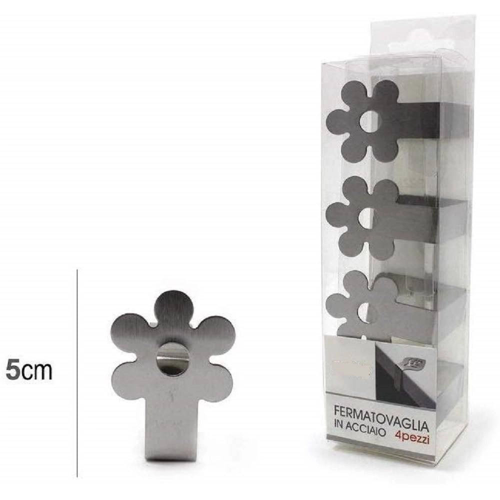 Trade Shop - Set 4pz Ferma Tovaglia Fermatovaglia Tavola Plastica Acciaio Fiore Clip Gancio Casa -
