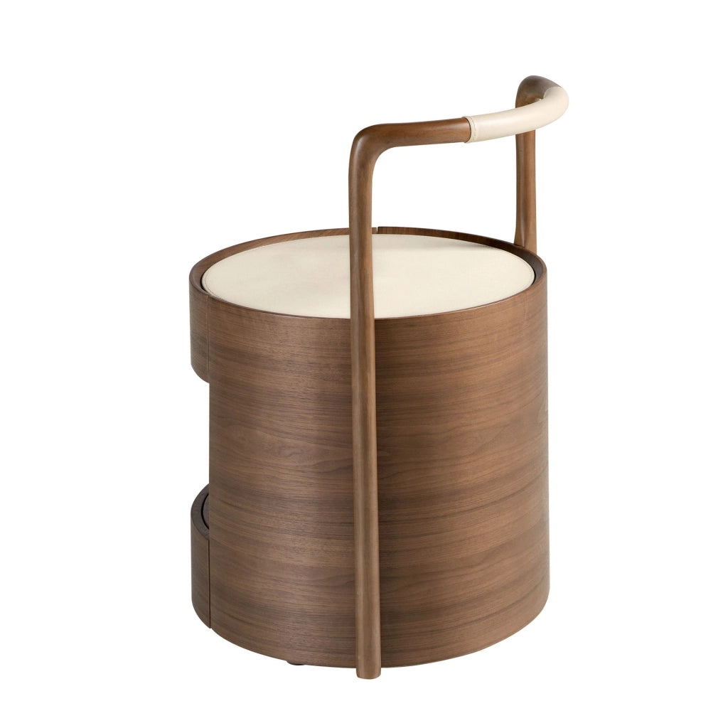Comodino noce con piano in legno rivestito in similpelle color crema