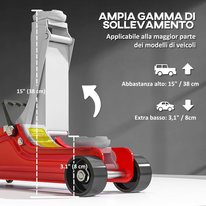 Cric Idraulico Auto con Sollevamento 8-38cm in Acciaio Rinforzato Capacità 2.5 t Rosso