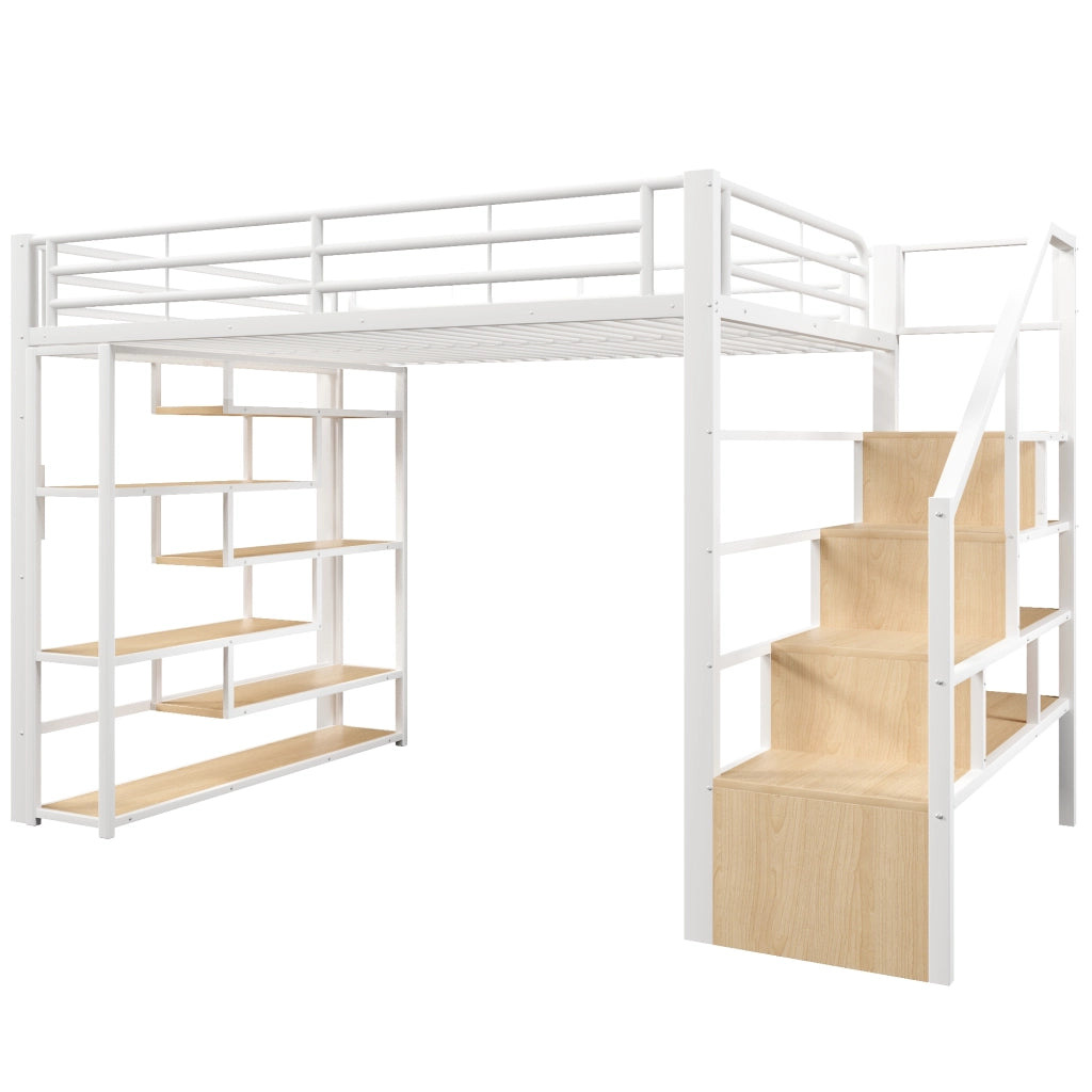 Letto a soppalco 140x200 per bambini con scala integrata; struttura in metallo e MDF; ripiani; LED e barriera; bianco