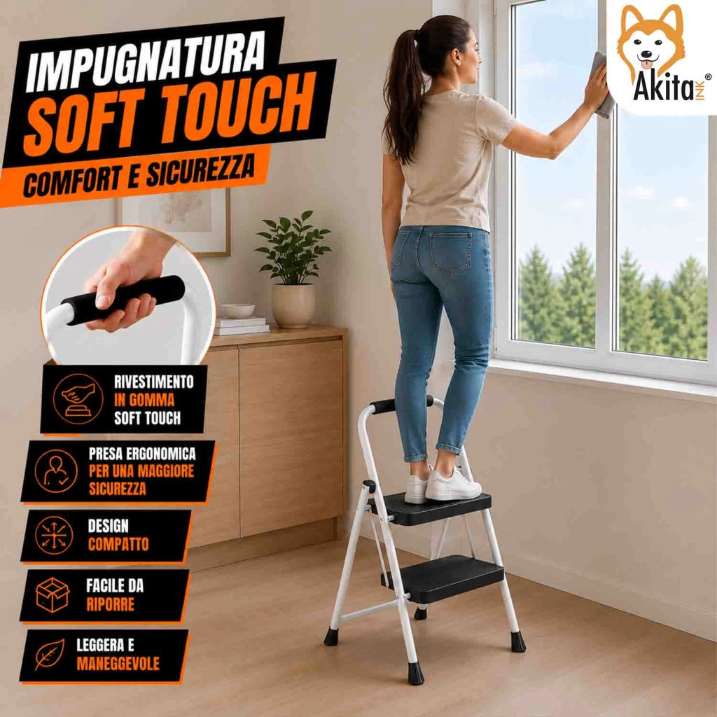 Akitaink Scaletta Acciaio 2 Gradini Pieghevole Bianca 250 Kg