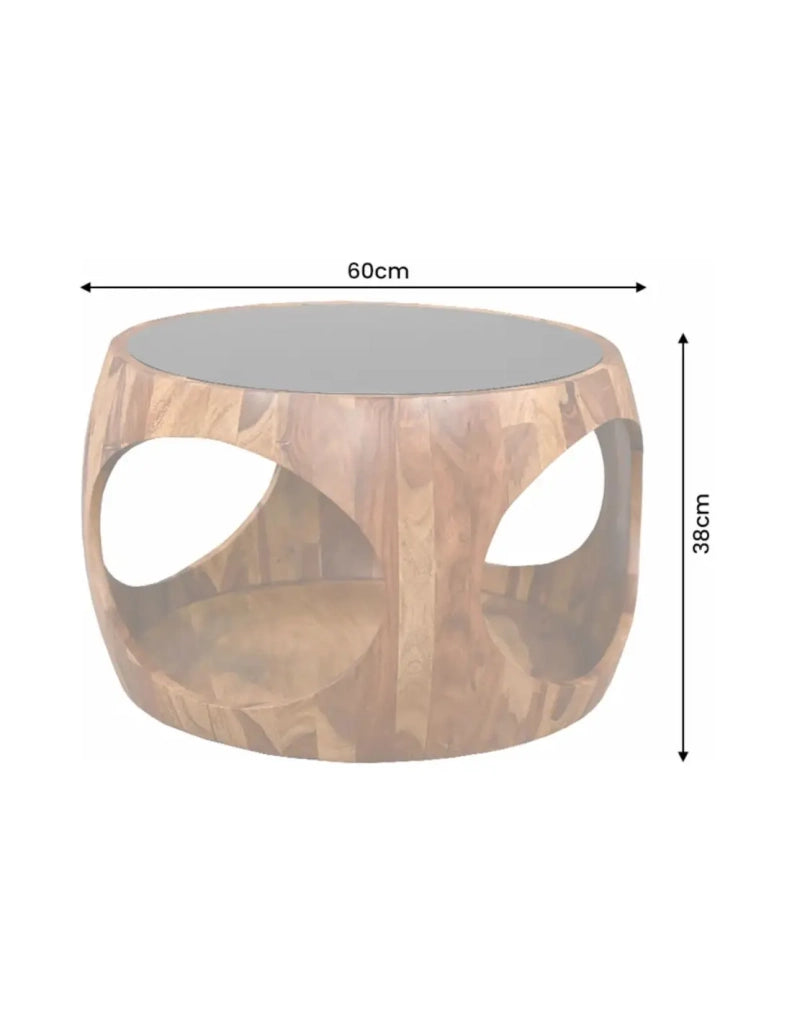 Tavolino basso rotondo NERA 60 cm in legno massello di Sheesham e vetro fumé con nicchia aperta