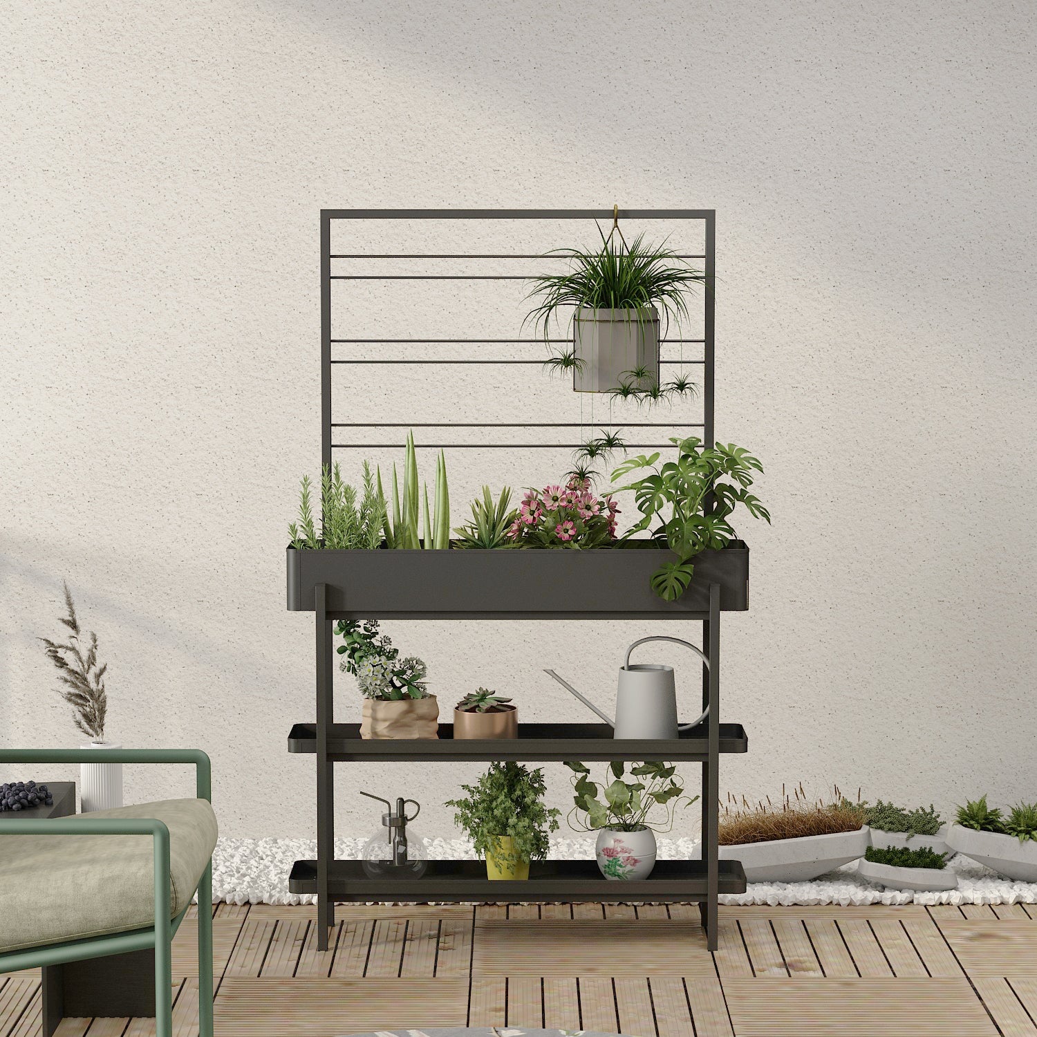 FIORIERA ARDESIA 96X24XH155CM 3 PIANI CON GRIGLIA.