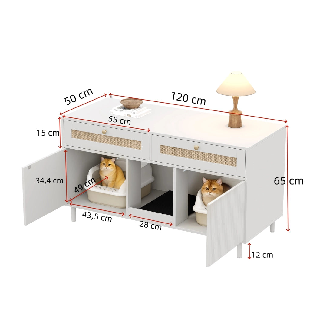 Mobile coperto per lettiera per gatti con 2 ante e cassetto, per soggiorno e ingresso, in MDF bianco 120 × 50 × 65 cm