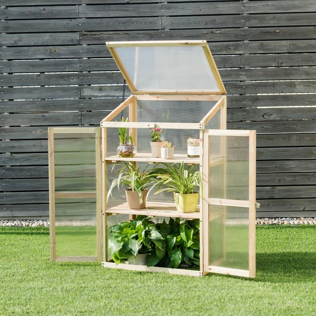Mini Serra da Giardino a 3 Ripiani in Legno, Serra da Esterno e Interno per Piante e Orto con Coperchio e Ante Apribili, Mini Serra da Giardino e Balcone, 60 x 45 x 100 cm