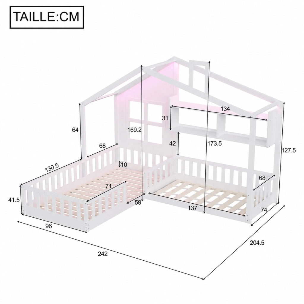 Letto per bambini a casetta 90 × 200 cm con LED, ripiani e barriera di sicurezza, senza materasso, bianco