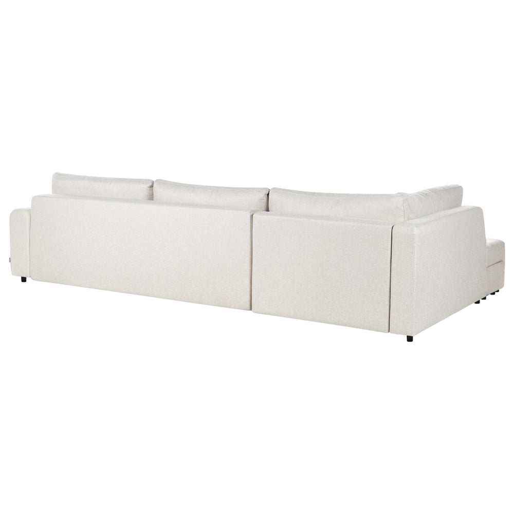 Divano imbottito a 4 posti ad angolo in tessuto beige chiaro con braccioli porta riviste e contenitore stile moderno soggiorno