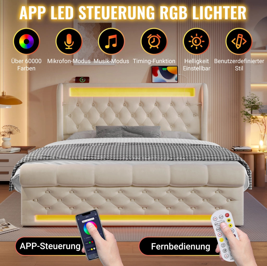 Letto matrimoniale 140x200 cm con LED, USB-C e materasso
