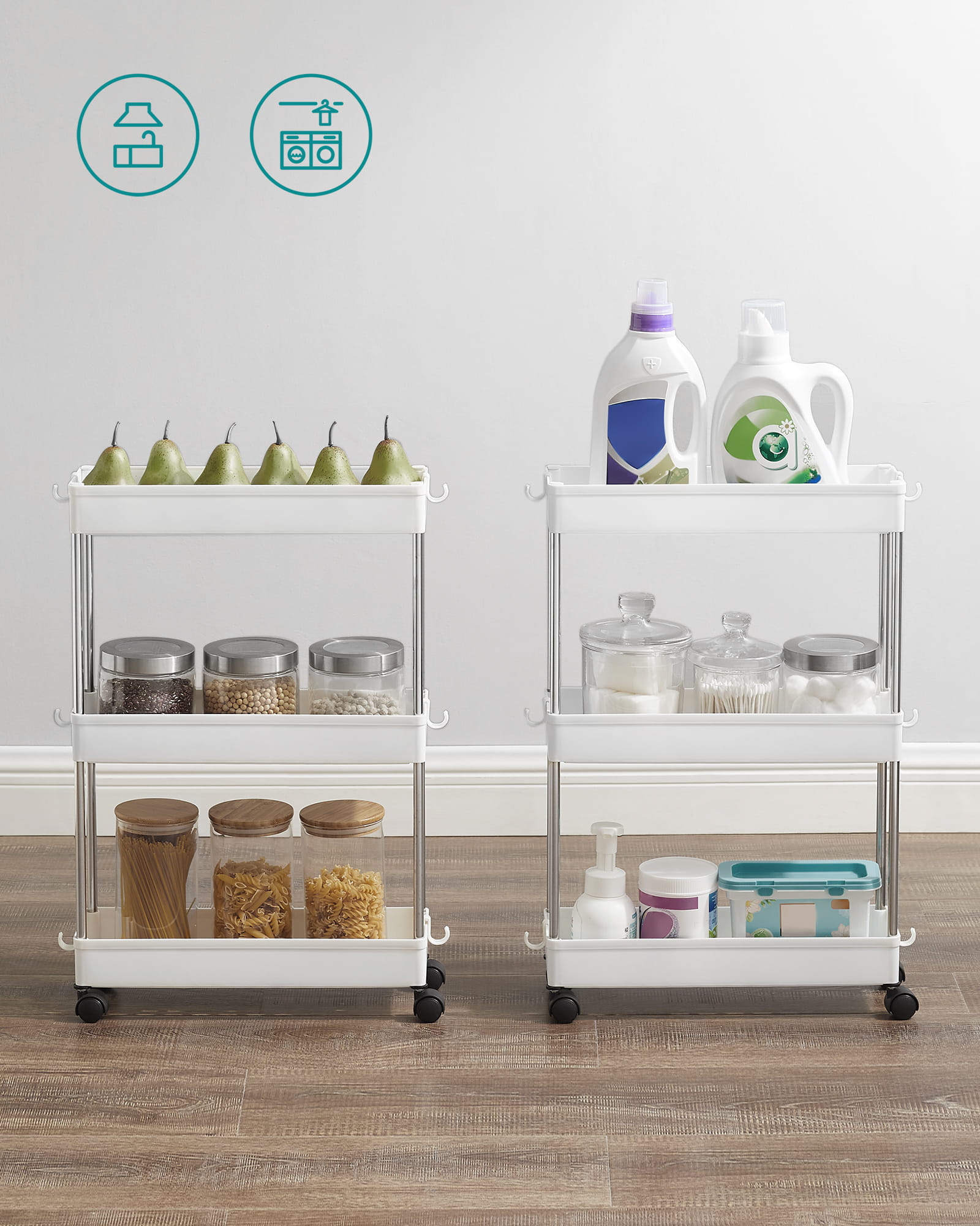 Carrello portaoggetti mobile Valora White con 3 ripiani portaoggetti per cucine