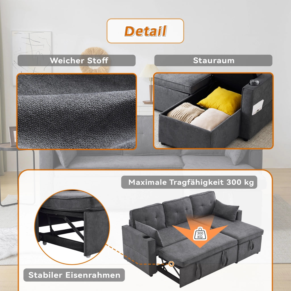OKWISH Divano Letto con Penisola Reversibile 3 Posti, con Contenitore, Portabicchieri e Tasche Laterali, Cotone Lino Grigio