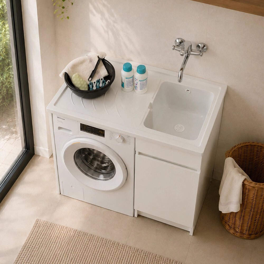Mobile lavatoio 106x50 bianco con coprilavatrice e vasca e kit di scarico