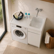 Mobile lavatoio 106x50 bianco con coprilavatrice e vasca e kit di scarico