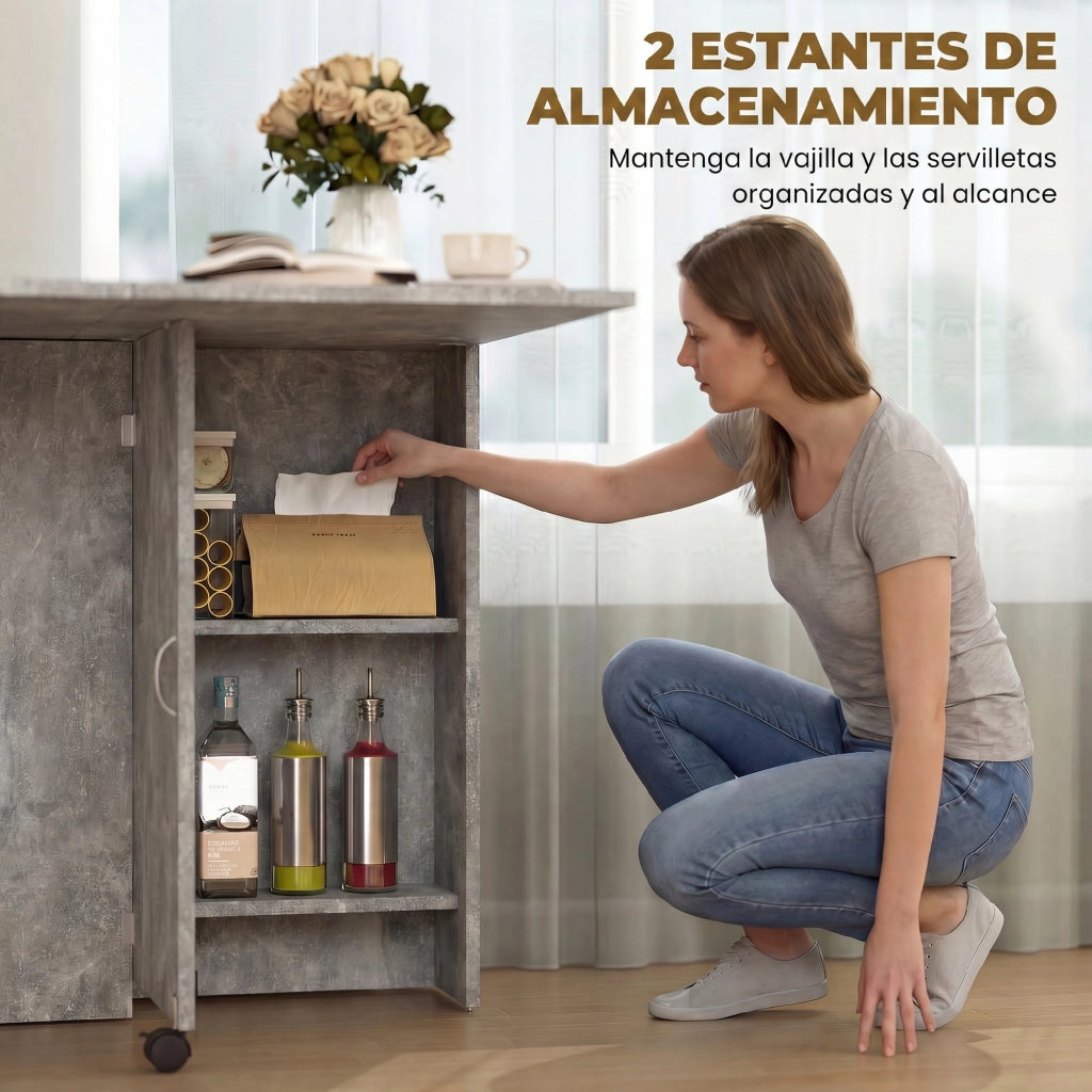 Tavolo da Cucina Pieghevole con Ruote e Ripiani ¨C Zephmum ¨C 75x140x74 cm Grigio Cemento