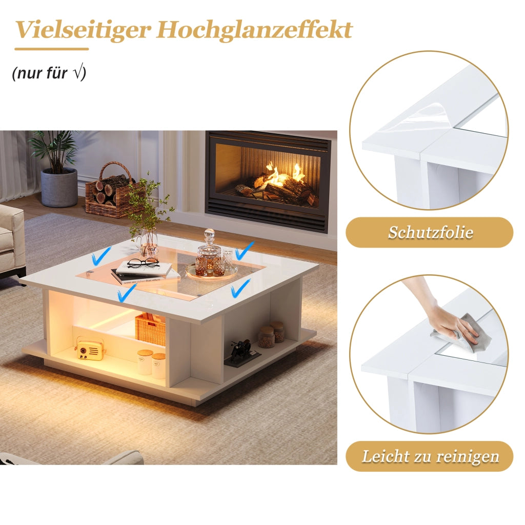 Tavolino basso quadrato con LED, 2 vani aperti e ripiani laterali, in truciolato e vetro, bianco, 70 × 70 × 30 cm