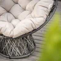 Poltrona Papasan Girevole Ø97x90 cm con Cuscino, in Poliestere e Rattan Intrecciato, color Crema