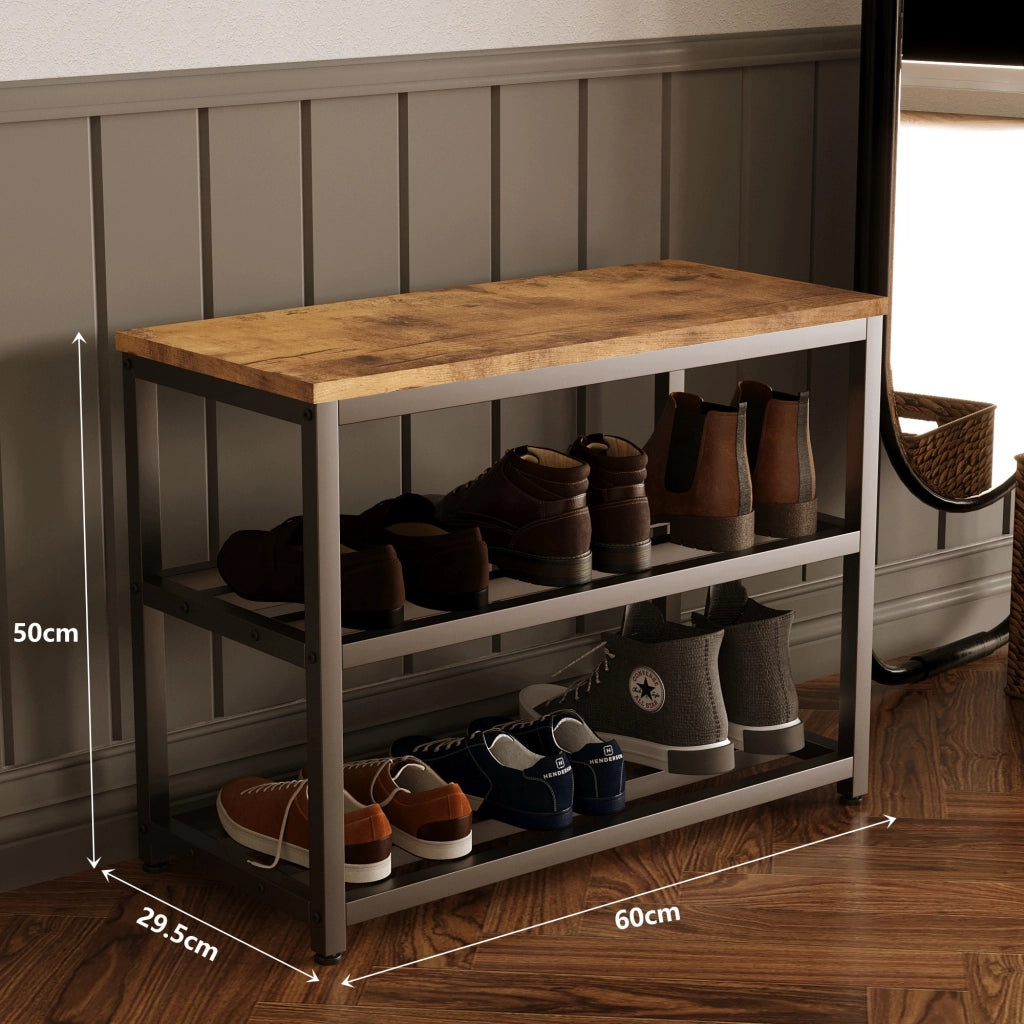 Scapino per scarpe con seduta, ripiano ampio, stile industriale/loft/retrò, in legno, 60 cm