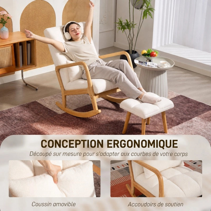 Poltrona a dondolo con pouf in pile braccioli e schienale alto imbottita in legno bianco per relax e comfort