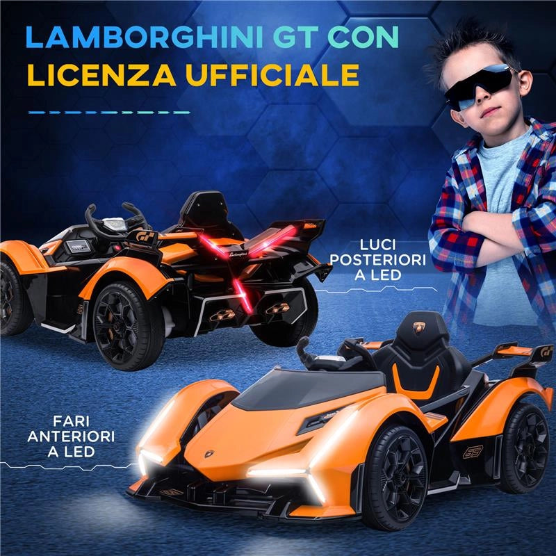 MACCHINA ELETTRICA PER BAMBINI LAMBORGHINI CON TELECOMANDO, FARI LED E MUSICA, ETÀ 3+ ANNI, ARANCIONE
