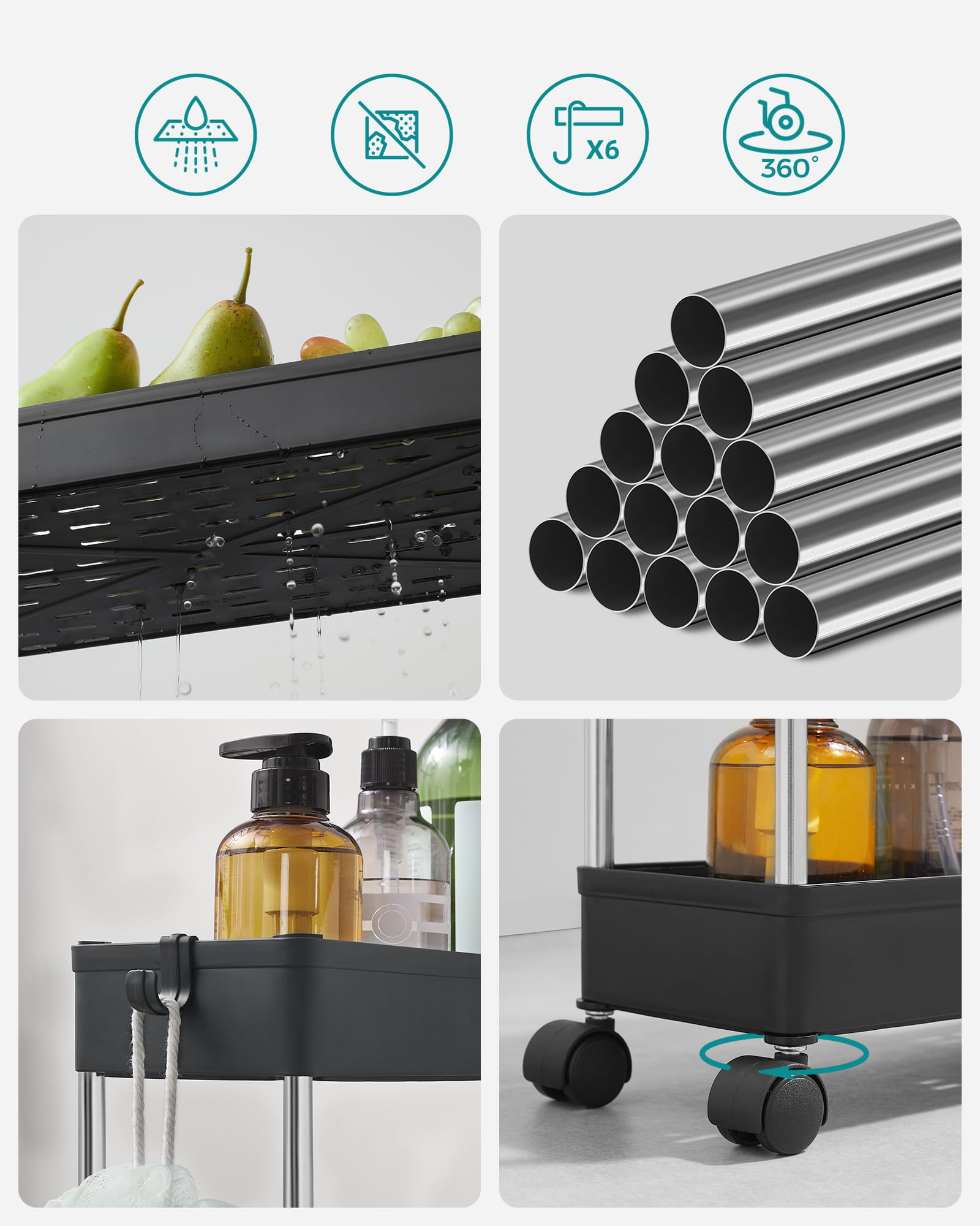 Valora MOBILE NERO SU RUOTE Scaffale mobile 4 ripiani Nero