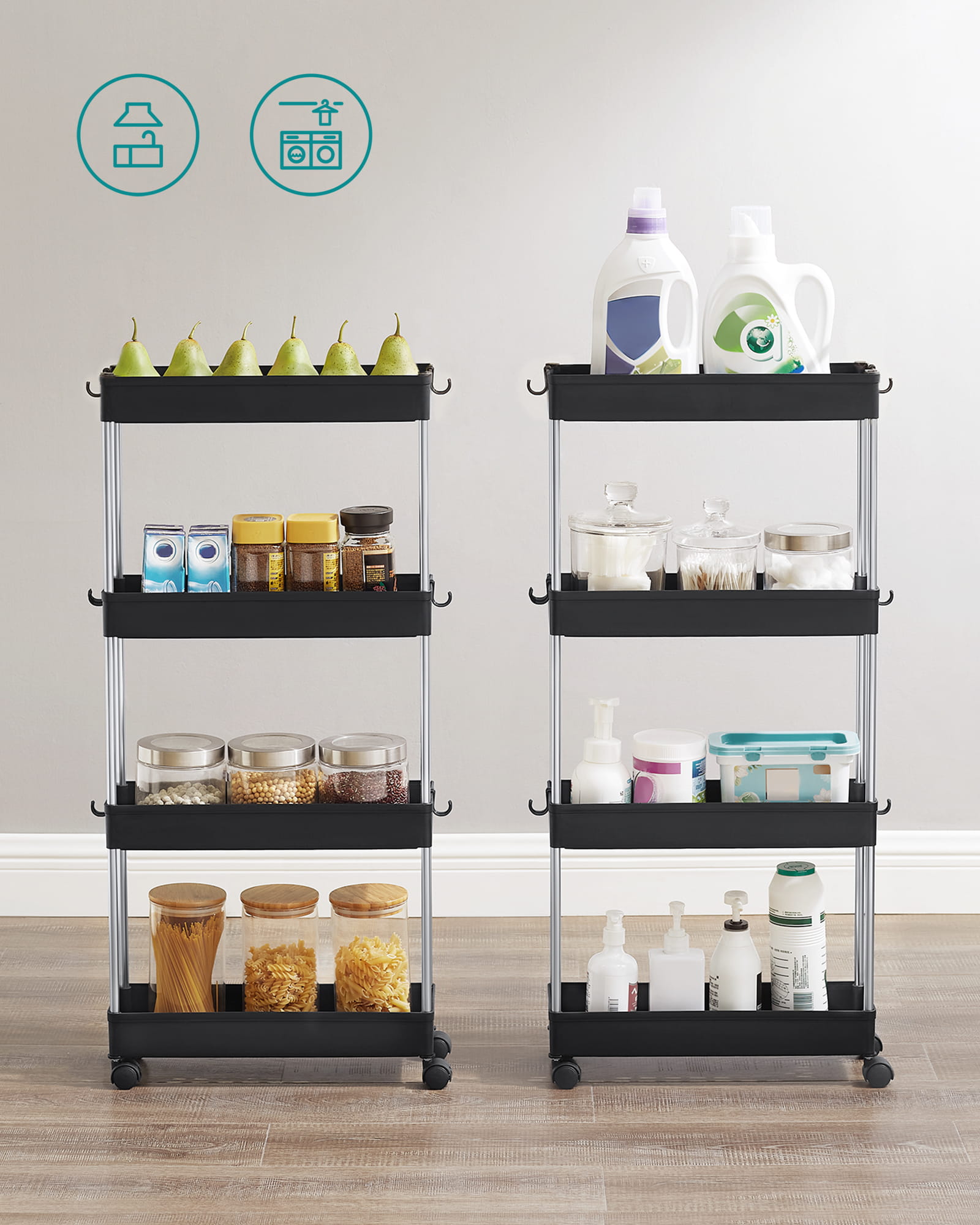 Valora MOBILE NERO SU RUOTE Scaffale mobile 4 ripiani Nero