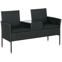 Divanetto per Esterni 2 Posti con Tavolino da Caffè, in Acciaio e Rattan PE, 137x59x82 cm, Nero