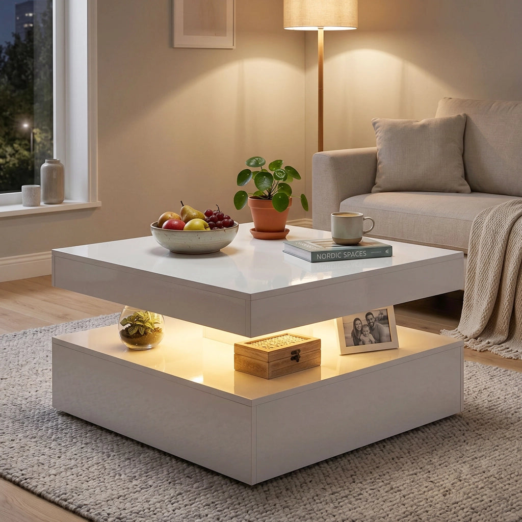 Tavolino da salotto con LED e vano aperto ¨C Minimal ¨C Bianco lucido