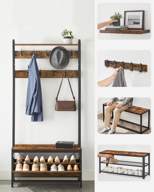 Appendiabiti Valora con seduta e ripiani per scarpe - Marrone rustico e nero