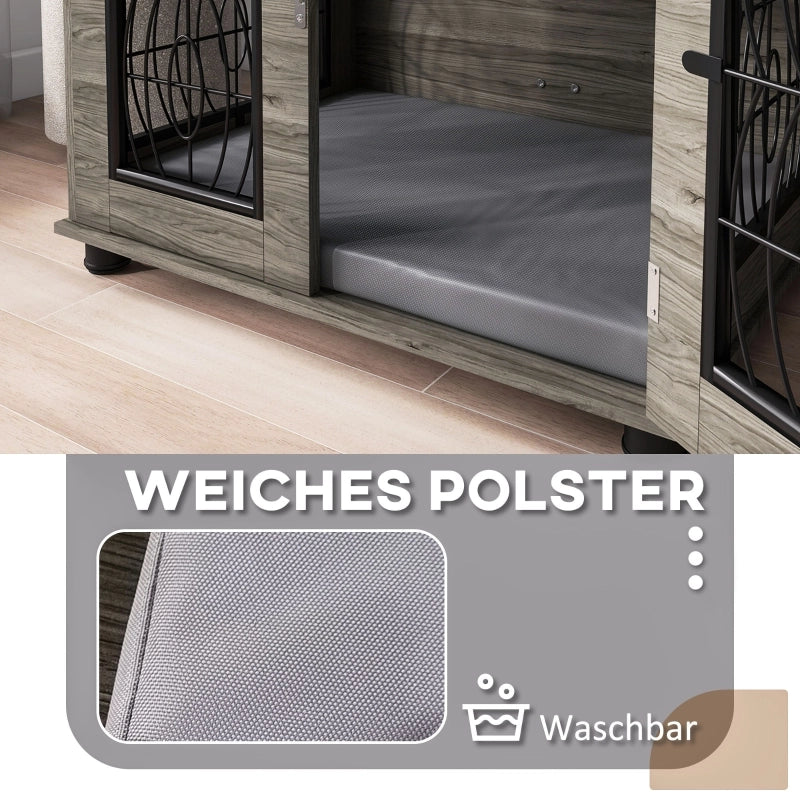 Cuccia per cani con cuscino lavabile e piano superiore in legno grigio con porta chiudibile 80 × 56 × 63 cm